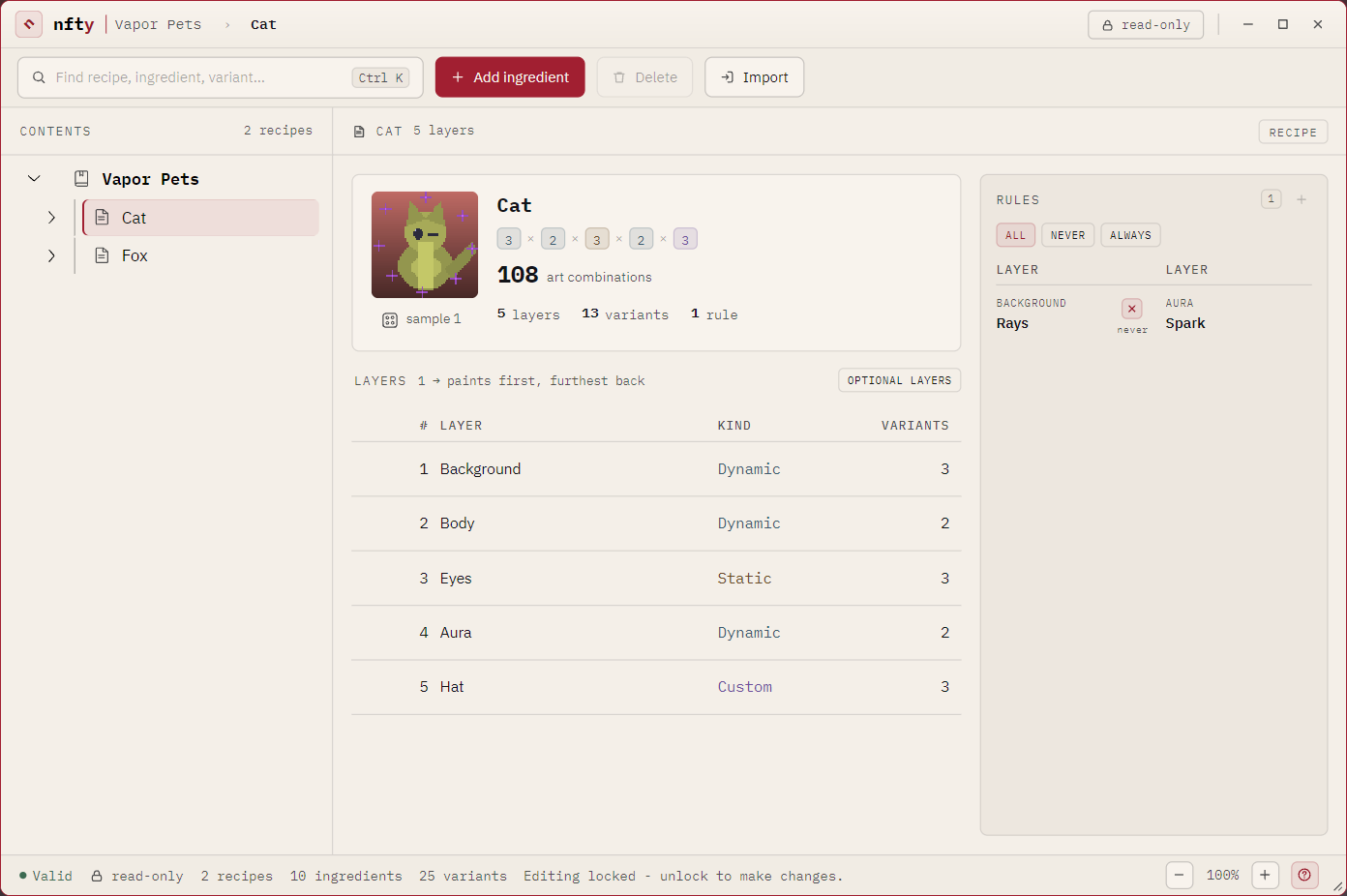 The Recipe panel