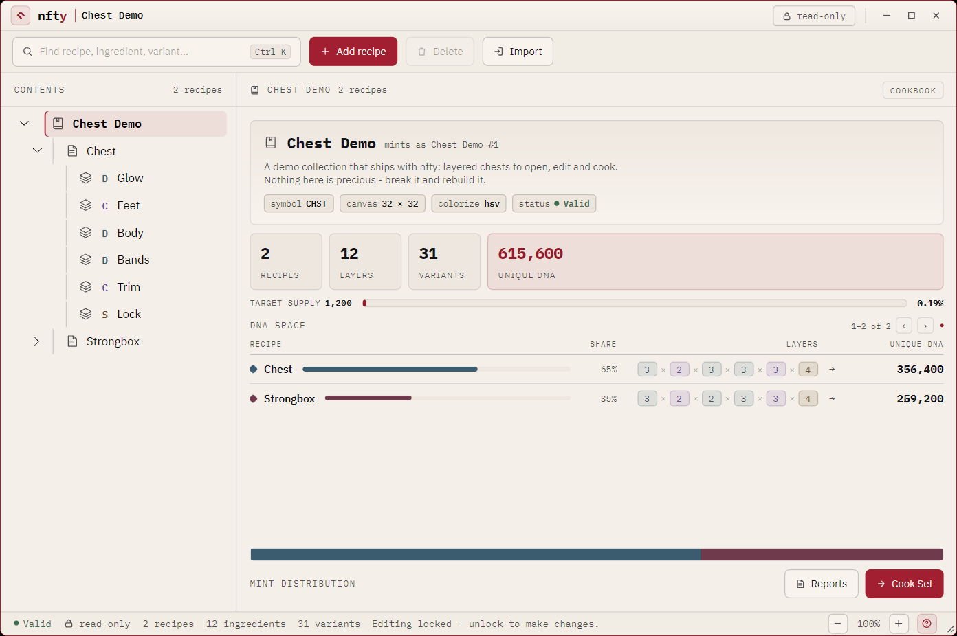 The nfty Explorer with the built-in demo CookBook open: a layer tree on the left, and a card reading 2 recipes, 12 layers, 31 variants and 615,600 unique DNA, over a per-recipe DNA-space table and a mint-distribution bar.